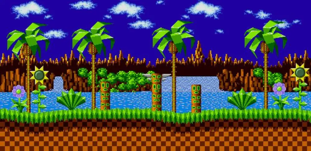 Sonic corriendo a toda velocidad por Green Hill Zone con un fondo colorido y vibrante.