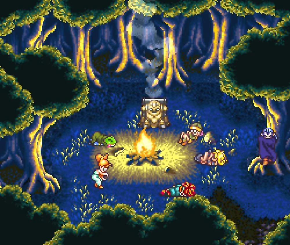 Toda la party está durmiendo alrededor de un fuego.