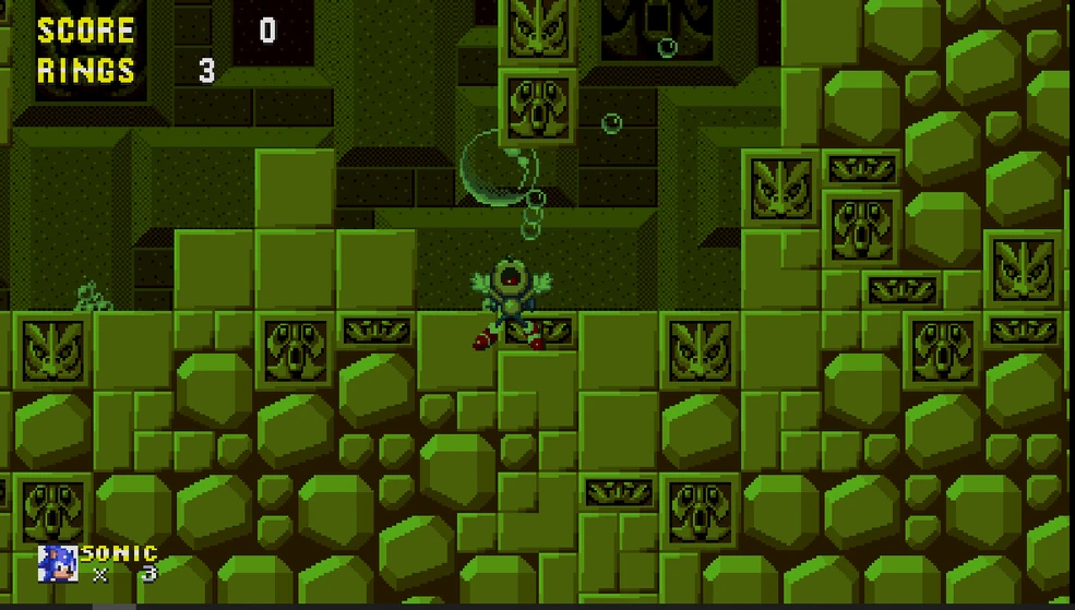 Sonic nada bajo el agua en Labyrinth Zone, esquivando obstáculos en un entorno submarino.