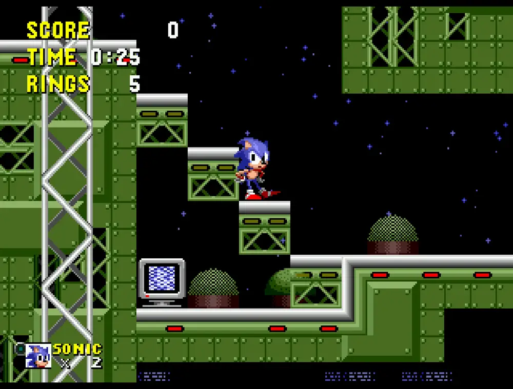 Sonic en Star Light Zone, corriendo por estructuras metálicas iluminadas por un fondo estrellado.