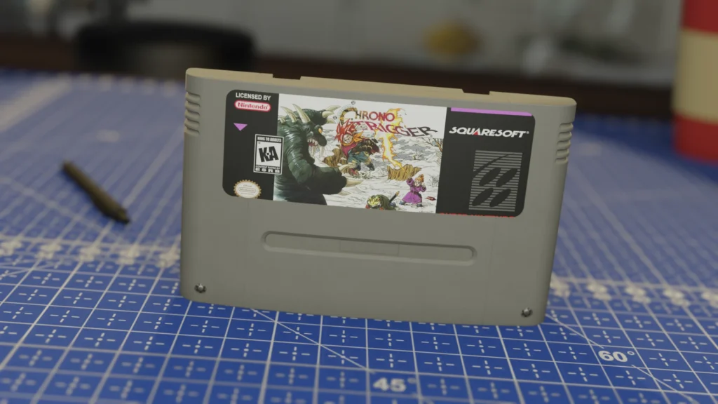 Cartucho original de Chrono Trigger para Super Nintendo sobre una mesa azul con patrón de cuadrícula.
