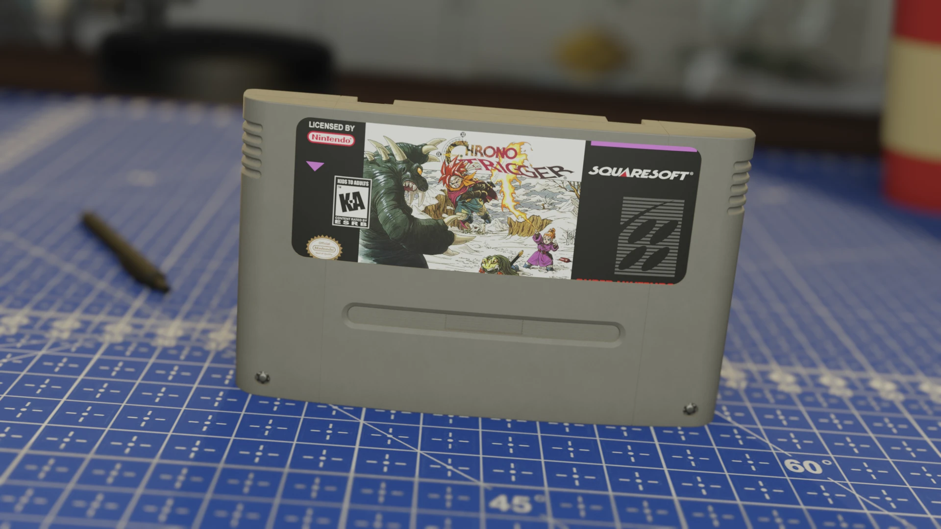 Cartucho original de Chrono Trigger para Super Nintendo sobre una mesa azul con patrón de cuadrícula.