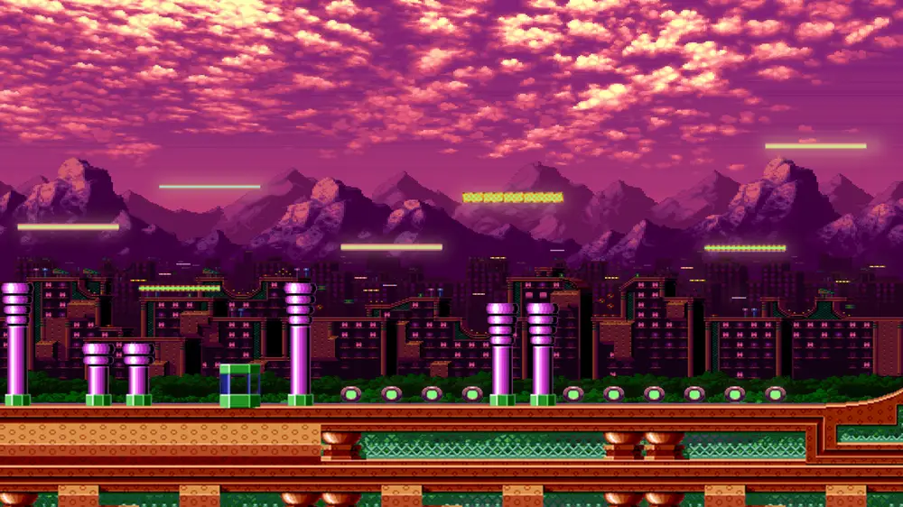 Sonic salta sobre plataformas flotantes en Spring Yard Zone, rodeado de neones y estructuras metálicas.