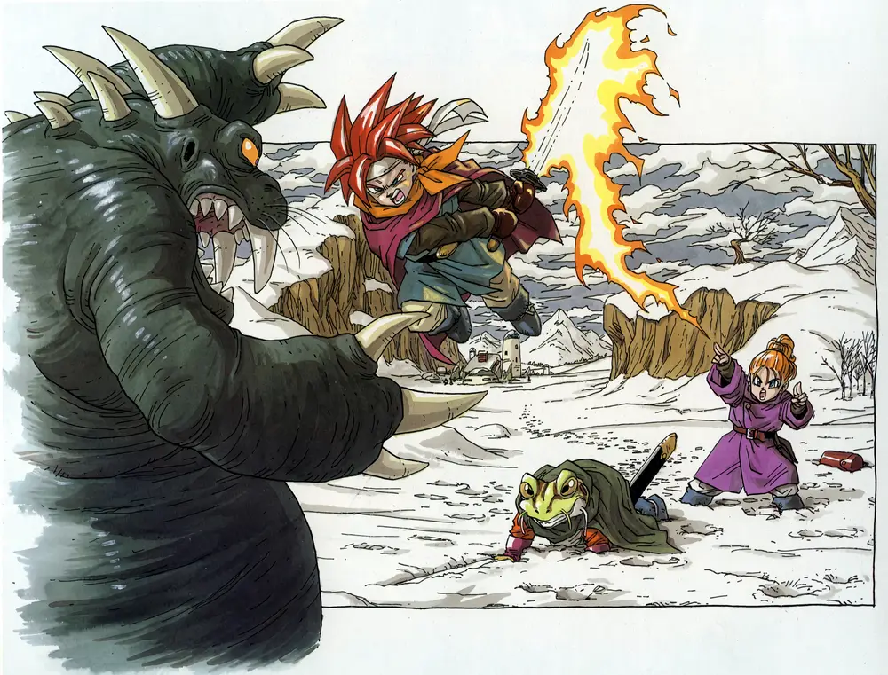 Ilustración de Chrono Trigger con Crono, Marle y Frog luchando contra un monstruo en un paisaje nevado.