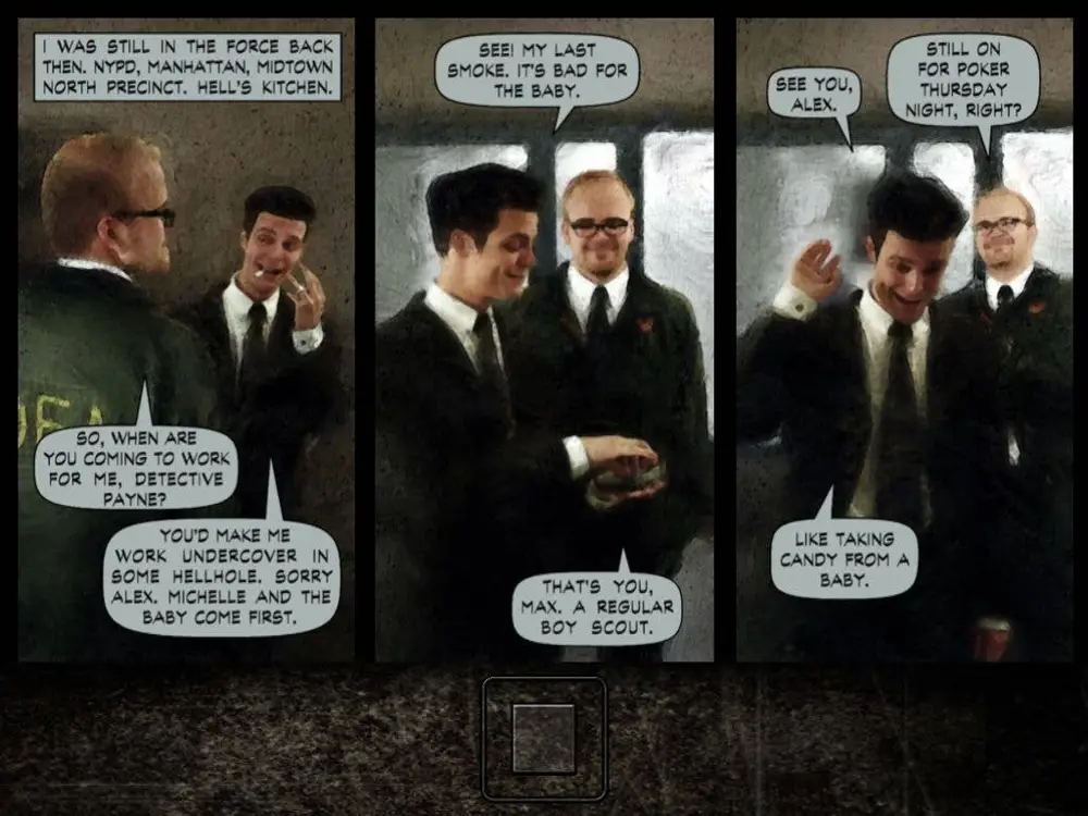 Viñetas estilo cómic de *Max Payne*, mostrando una conversación entre Max, su amigo Alex y un agente de la DEA en una estación de tren.