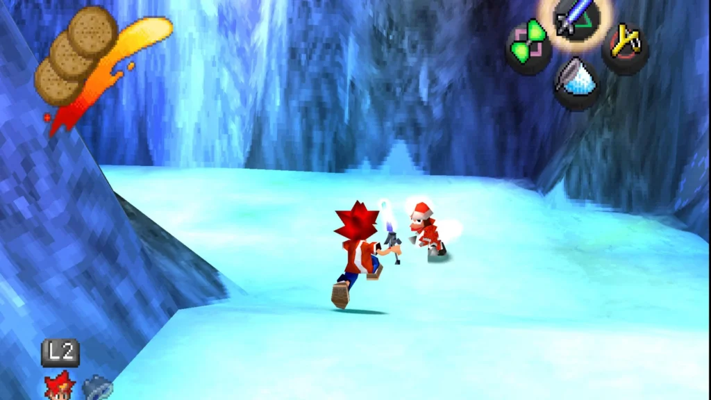 Spike persigue a un mono vestido de Santa Claus en un nivel nevado de Ape Escape (PS1).