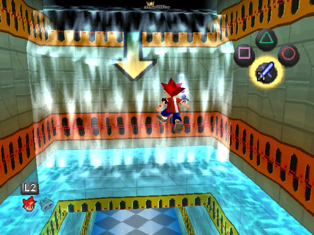 Captura de pantalla de Ape Escape (PS1) donde Spike salta a través de una cascada dentro de una estructura con diseño tecnológico y plataformas flotantes.