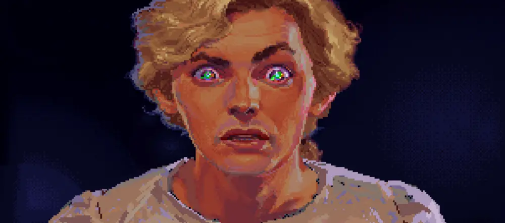 Guybrush anonadado por la visión de Duolingo, el loro verde asesino.